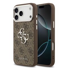 Apple iPhone 17 Pro Max Kılıf Guess Orjinal Lisanslı Gümüş Metal Kamera Çerçeveli 4G Desenli Metal Büyük 4G ve Yazı Logolu Kılıf