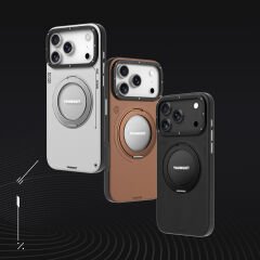 Apple iPhone 17 Pro Max Kılıf M-safe Şarj Özellikli 360 Derece Standlı Basit Mat Deri Desenli Youngkit Tech Leather Serisi Kılıf