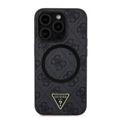 Apple iPhone 14 Pro Max Kılıf Guess Orjinal Lisanslı M-safe Şarj Özellikli PU Üçgen Logo 4G Desenli Kılıf - Siyah