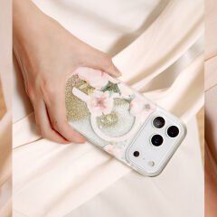 Apple iPhone 17 Pro Max Kılıf M-safe Şarj Özellikli Çiçek Desenli Simli Arka Yüzey Coehl Fleurette Kılıf