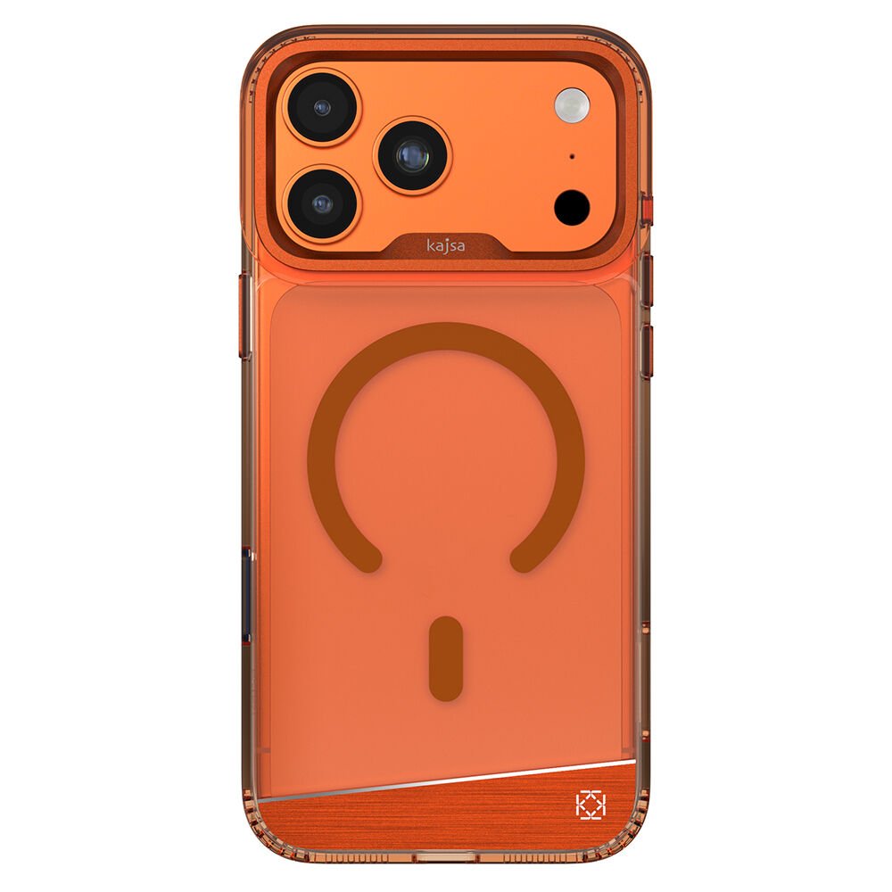 Apple iPhone 17 Pro Kılıf M-safe Şarj Özellikli Airbag Tasarımlı O-Ring Şeffaf Kajsa Trans Alüminyum Shield Serisi Kılıf Turuncu
