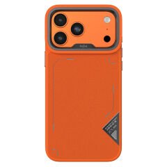 Apple iPhone 17 Pro Kılıf M-safe Şarj Özellikli O-Ring Metal Kamera Çerçeveli Kajsa Matrix Collection Kılıf Turuncu-Gri